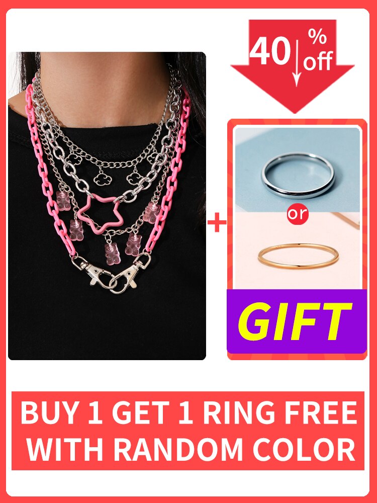 Punk Pendant Necklace Set for Women Chain with Gift Silver Color Cloud Cute Funny Kpop Pink Bear Y2k EMO Female Handmade Jewelry