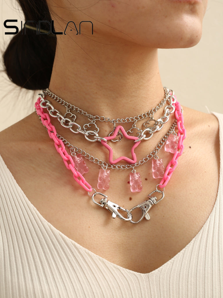 Punk Pendant Necklace Set for Women Chain with Gift Silver Color Cloud Cute Funny Kpop Pink Bear Y2k EMO Female Handmade Jewelry