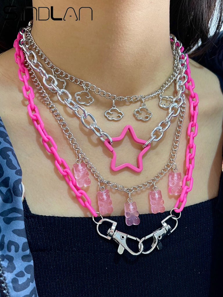 Punk Pendant Necklace Set for Women Chain with Gift Silver Color Cloud Cute Funny Kpop Pink Bear Y2k EMO Female Handmade Jewelry