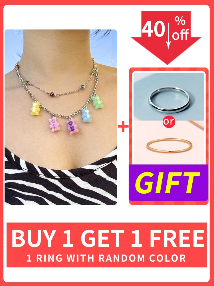 Punk Pendant Necklace Set for Women Chain with Gift Silver Color Cloud Cute Funny Kpop Pink Bear Y2k EMO Female Handmade Jewelry