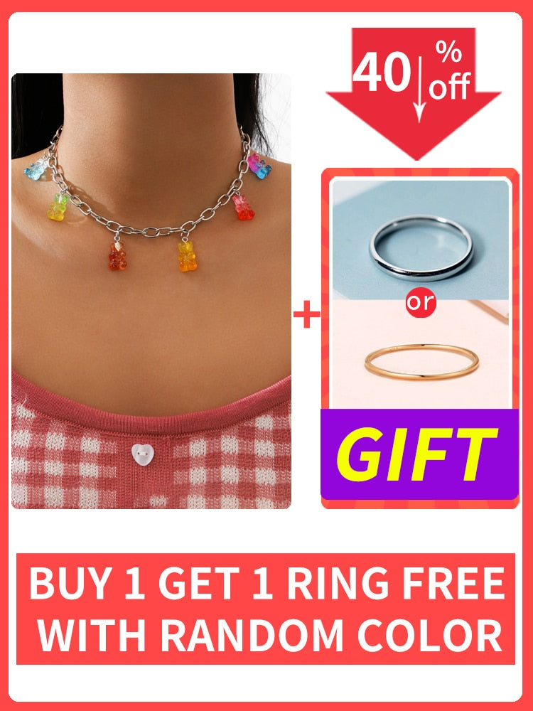 Punk Pendant Necklace Set for Women Chain with Gift Silver Color Cloud Cute Funny Kpop Pink Bear Y2k EMO Female Handmade Jewelry