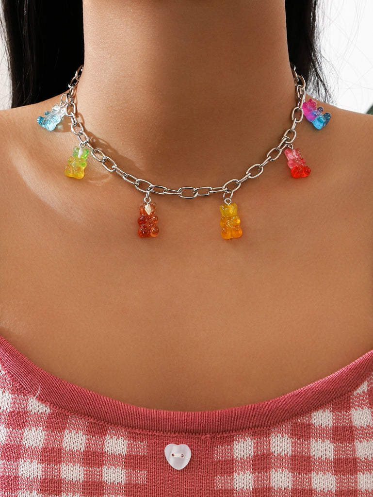 Punk Pendant Necklace Set for Women Chain with Gift Silver Color Cloud Cute Funny Kpop Pink Bear Y2k EMO Female Handmade Jewelry