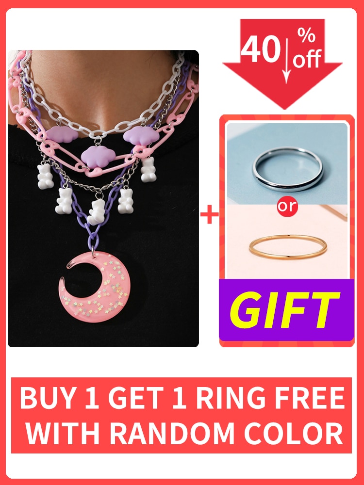 Punk Pendant Necklace Set for Women Chain with Gift Silver Color Cloud Cute Funny Kpop Pink Bear Y2k EMO Female Handmade Jewelry