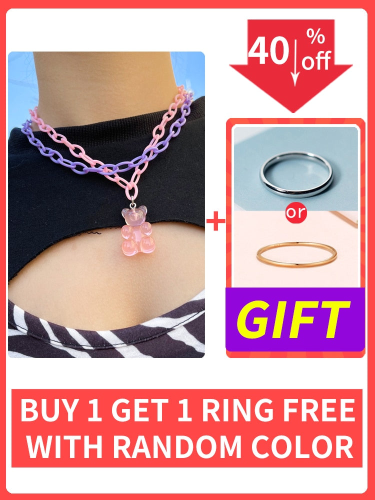 Punk Pendant Necklace Set for Women Chain with Gift Silver Color Cloud Cute Funny Kpop Pink Bear Y2k EMO Female Handmade Jewelry