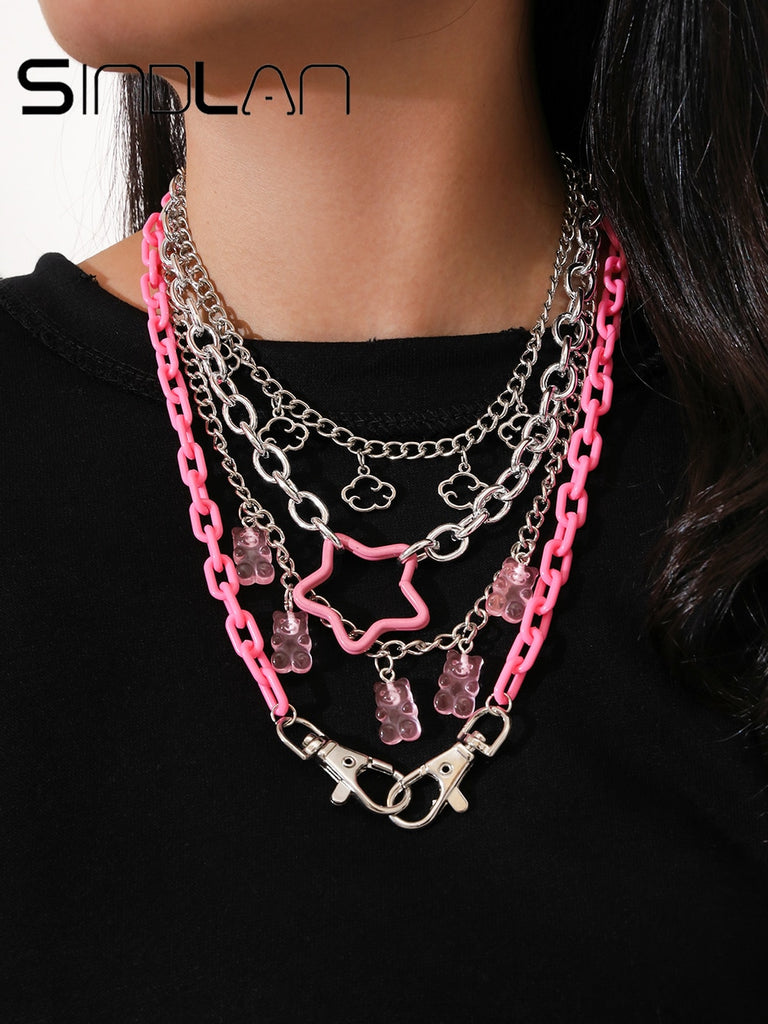 Punk Pendant Necklace Set for Women Chain with Gift Silver Color Cloud Cute Funny Kpop Pink Bear Y2k EMO Female Handmade Jewelry