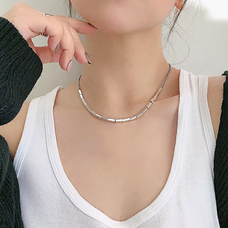 Punk Silver Color Alloy Square TubeThick Clavicle Chain Choker Necklace for Women Trendy Simple Party Boho Jewelry Collar