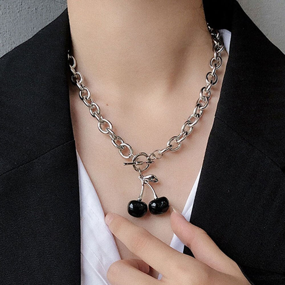 Punk Silver Color Thick Chain Cherry Pendant Necklace Women Gothic Black Cherry Clavicle Collar Necklace Women Jewelry