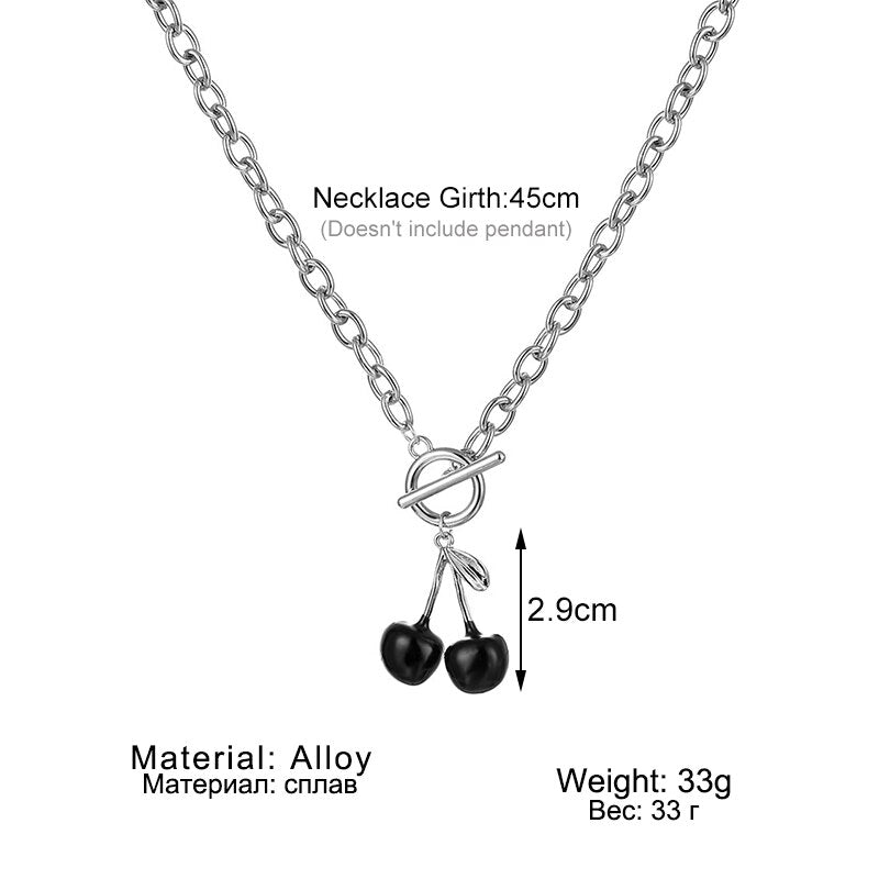 Punk Silver Color Thick Chain Cherry Pendant Necklace Women Gothic Black Cherry Clavicle Collar Necklace Women Jewelry