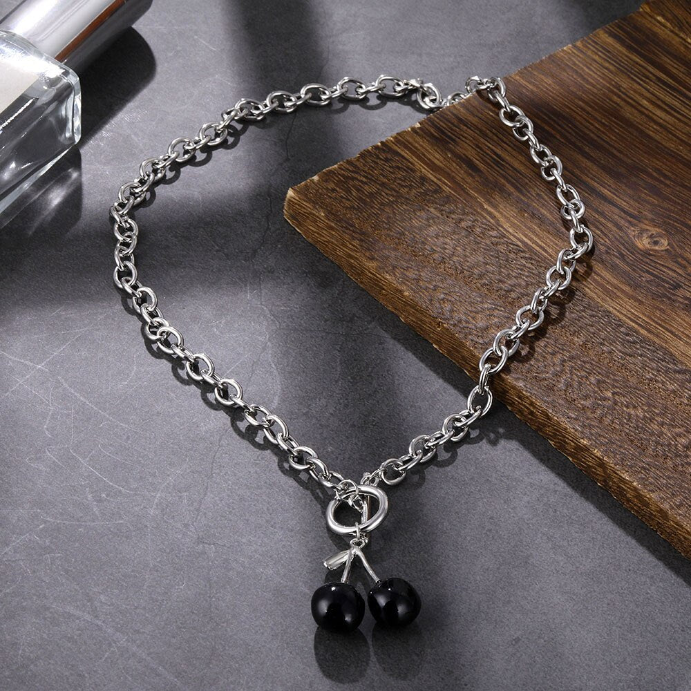 Punk Silver Color Thick Chain Cherry Pendant Necklace Women Gothic Black Cherry Clavicle Collar Necklace Women Jewelry