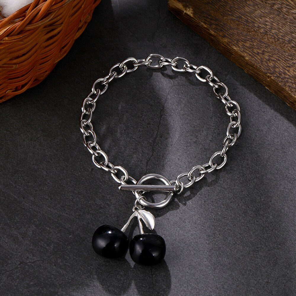Punk Silver Color Thick Chain Cherry Pendant Necklace Women Gothic Black Cherry Clavicle Collar Necklace Women Jewelry
