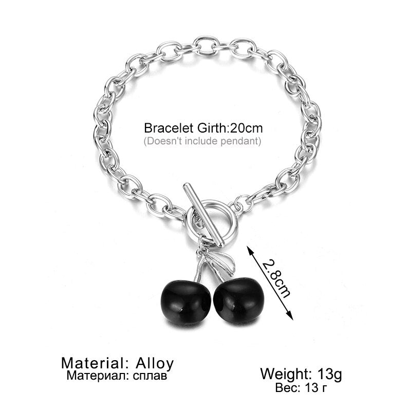 Punk Silver Color Thick Chain Cherry Pendant Necklace Women Gothic Black Cherry Clavicle Collar Necklace Women Jewelry