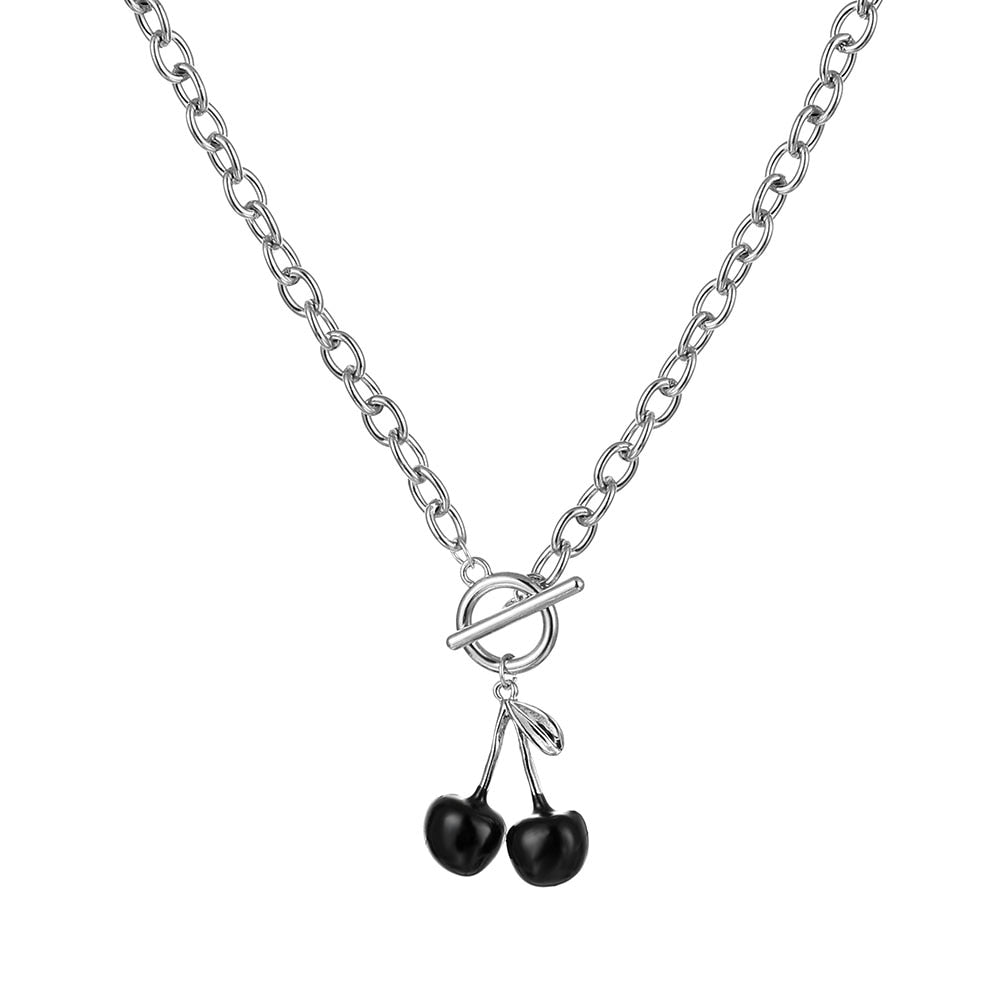 Punk Silver Color Thick Chain Cherry Pendant Necklace Women Gothic Black Cherry Clavicle Collar Necklace Women Jewelry