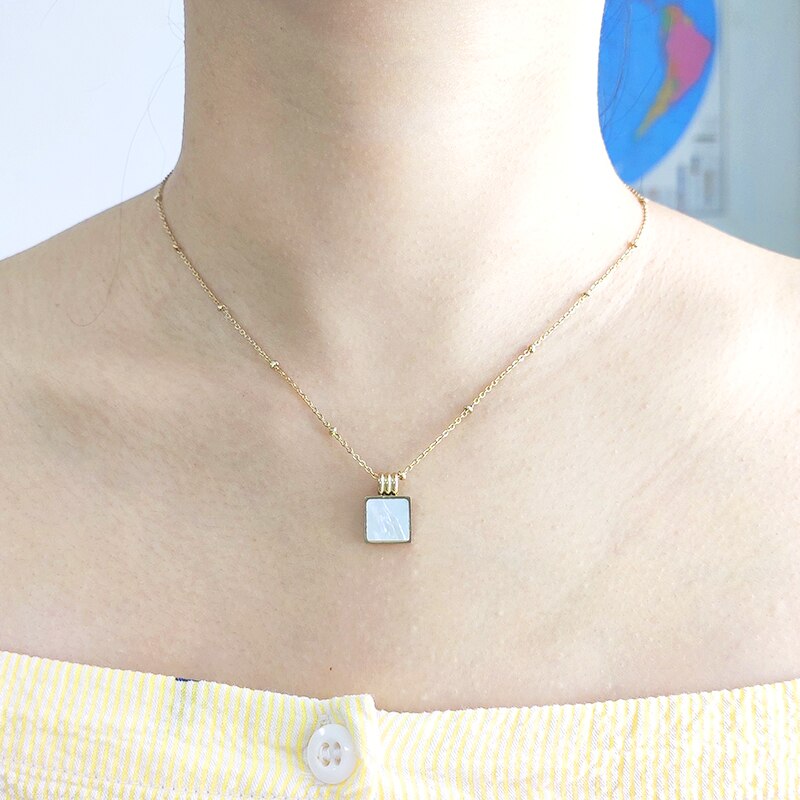 Punk Simple Square Stone Pendant Necklace Superfine Stainless Steel Chain  Jewelry All-match цепочка на шею