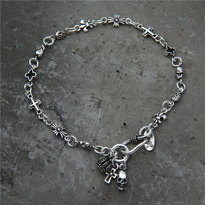 Punk Skull&Cross Sterling Silver Charm bracelet 925 Silver Skull Bracelet Fashion Punk Handmade Original Bracelet Jewelry