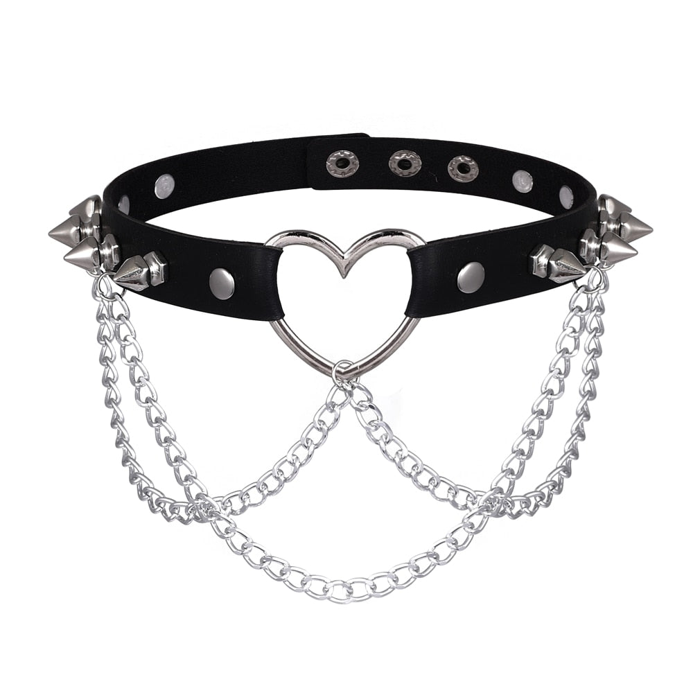 Punk Spiked Choker Necklace For Women Girls Goth Heart Chocker With Chain Leather Collar Jewelry Gothic  Accessories