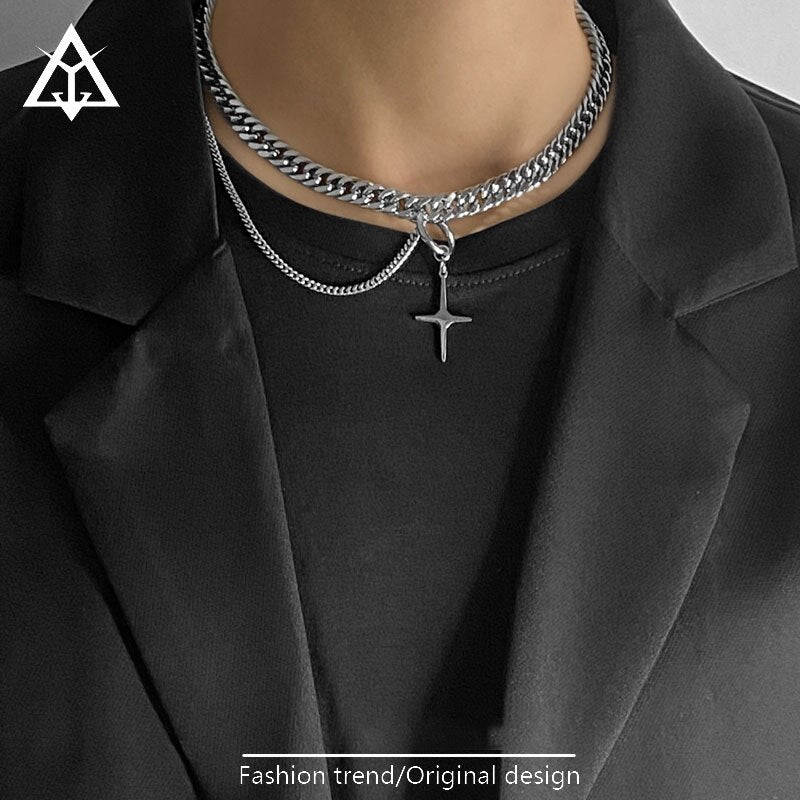 Punk Stainless Steel Stitching Cross Star Clavicle Chain Necklace Men and Women Stitching Choker Necklace Hip-hop Female Jewelry
