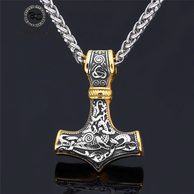 Punk Stainless steel Norse Vikings Amulet Pendant Cord Odin's Gold Thor's Hammer Chain Necklaces Men ethnic Jewelry