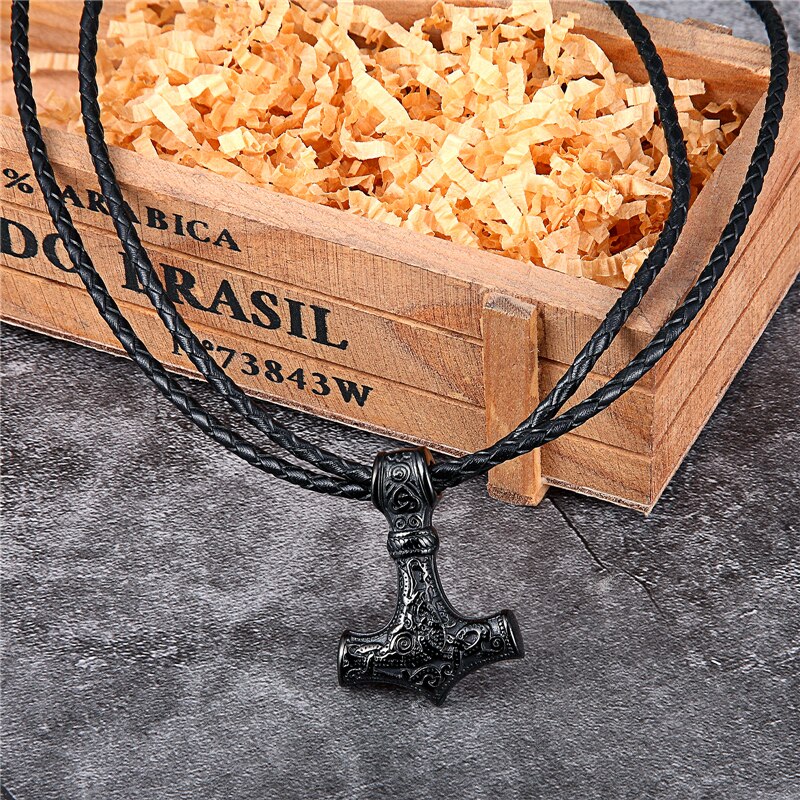 Punk Stainless steel Norse Vikings Amulet Pendant Cord Odin's Gold Thor's Hammer Chain Necklaces Men ethnic Jewelry