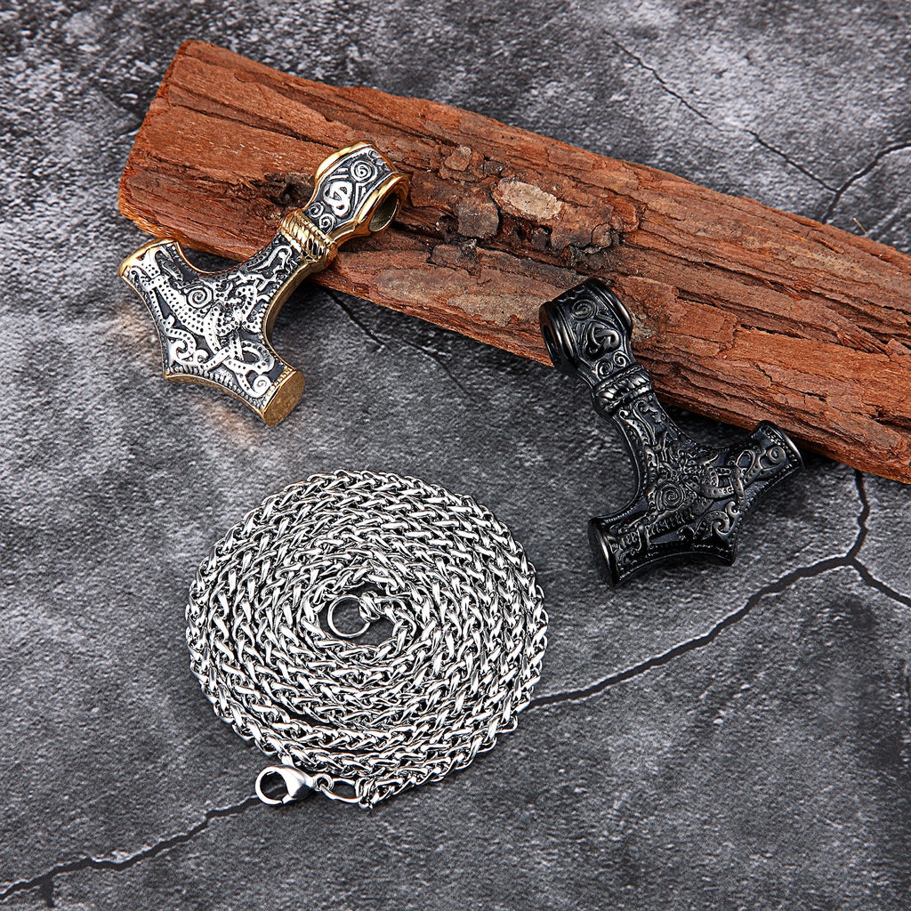 Punk Stainless steel Norse Vikings Amulet Pendant Cord Odin's Gold Thor's Hammer Chain Necklaces Men ethnic Jewelry