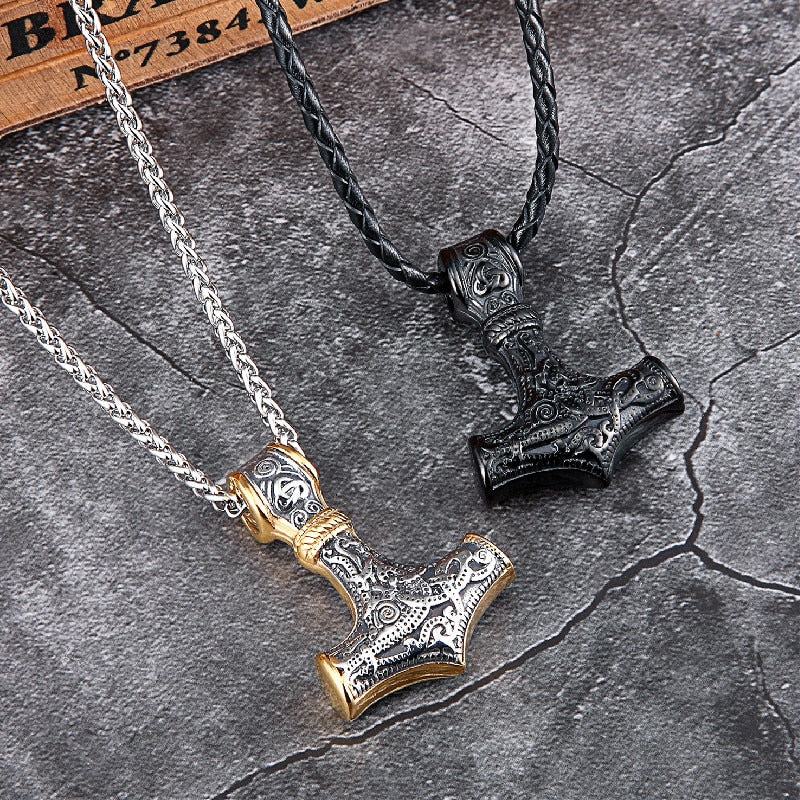 Punk Stainless steel Norse Vikings Amulet Pendant Cord Odin's Gold Thor's Hammer Chain Necklaces Men ethnic Jewelry