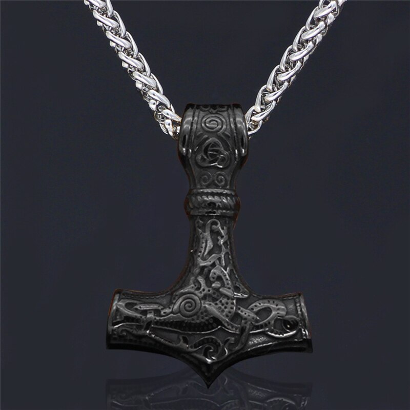 Punk Stainless steel Norse Vikings Amulet Pendant Cord Odin's Gold Thor's Hammer Chain Necklaces Men ethnic Jewelry