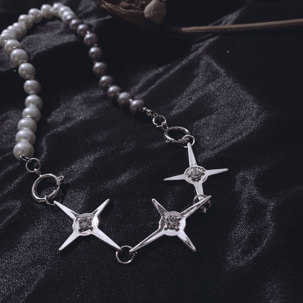 Punk Star Silver Color Crystal Mix Color Pearl Choker Necklace For Women Girl Trendy Elegant Chic Pendant Necklace Cool Jewelry