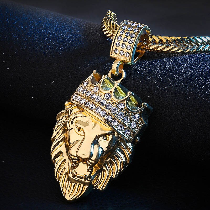 Punk Style Animal Crown Lion Pendant Necklaces Men Hip Hop Jewelry Statement Rhinestone Gold Long Chain Necklace Gifts