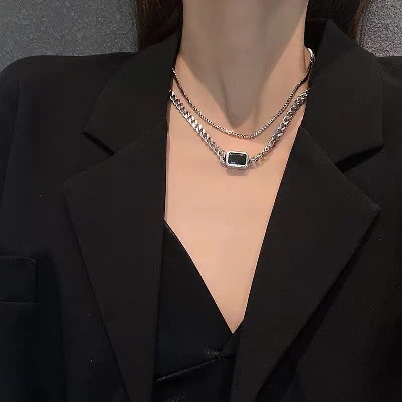 Punk Style Hip Hop Thick Chain Short Multilayer Necklace For Woman Black Square Neck Chain Jewelry Sweater Chain