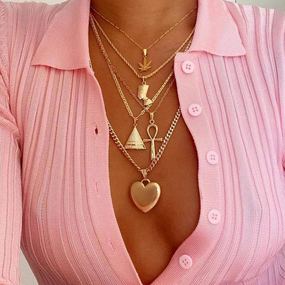Punk Style Necklaces For Women Maple Leaf Egyptian Pharaoh Queen Pyramyd Love Pendant Multilayer Necklaces Women Jewelry Gift
