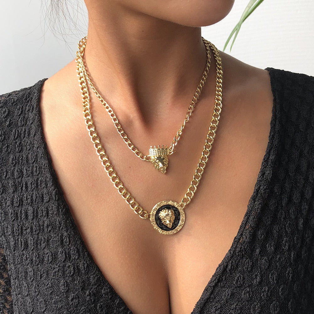 Punk Style Statement Metal Gold Color Chain Necklaces Hip Hop Lion Head With Crown Pendant Necklace For Women Party Rock Jewelry
