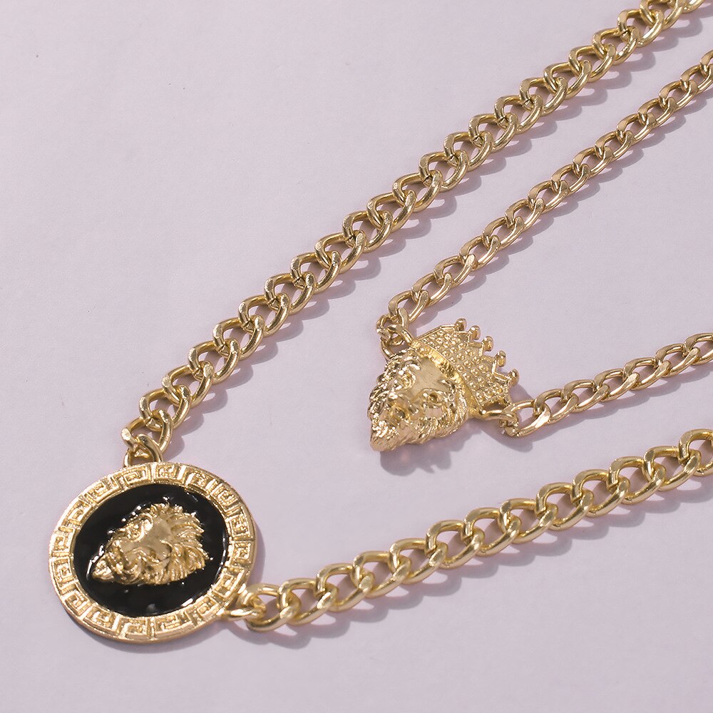 Punk Style Statement Metal Gold Color Chain Necklaces Hip Hop Lion Head With Crown Pendant Necklace For Women Party Rock Jewelry