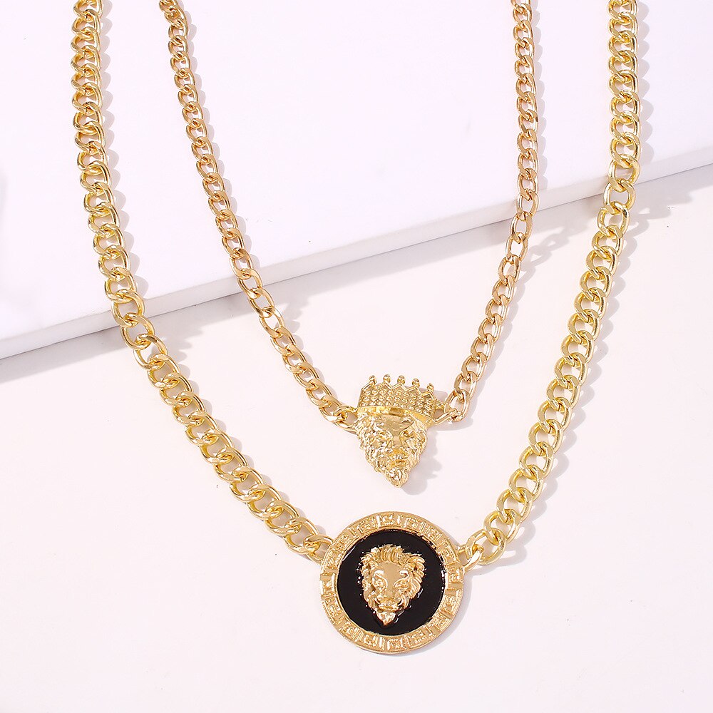 Punk Style Statement Metal Gold Color Chain Necklaces Hip Hop Lion Head With Crown Pendant Necklace For Women Party Rock Jewelry