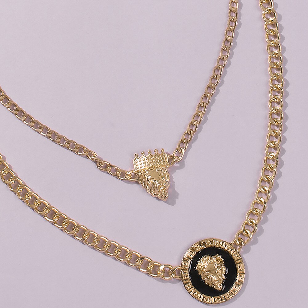 Punk Style Statement Metal Gold Color Chain Necklaces Hip Hop Lion Head With Crown Pendant Necklace For Women Party Rock Jewelry