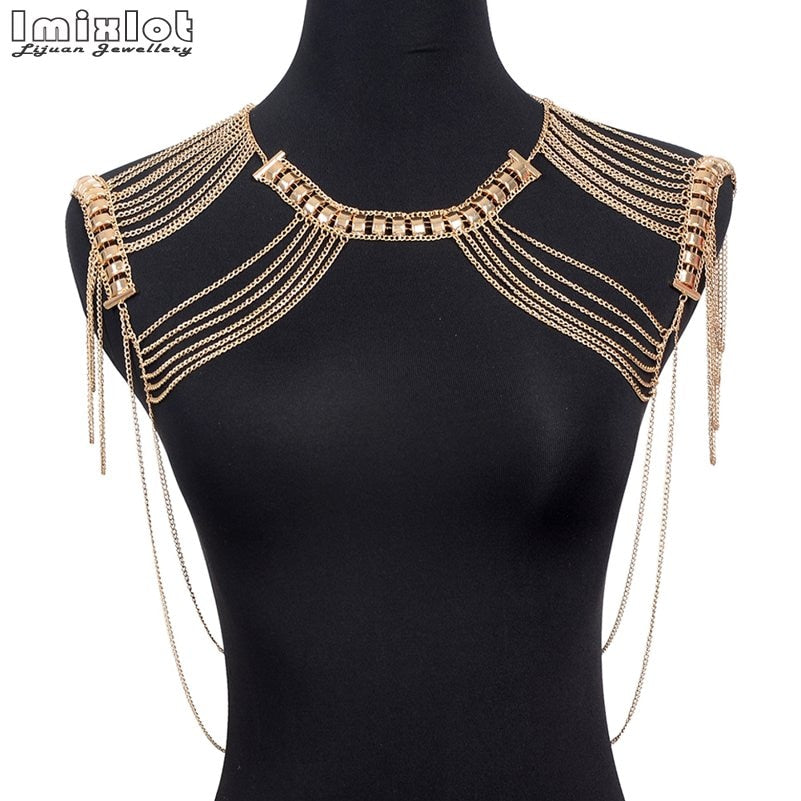 Punk Style Tassel Body Chain Jewelry Gold-color Statement Necklace Women Collar Shoulder Long Chain Necklaces Sexy Body Jewelry