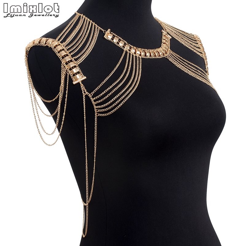 Punk Style Tassel Body Chain Jewelry Gold-color Statement Necklace Women Collar Shoulder Long Chain Necklaces Sexy Body Jewelry