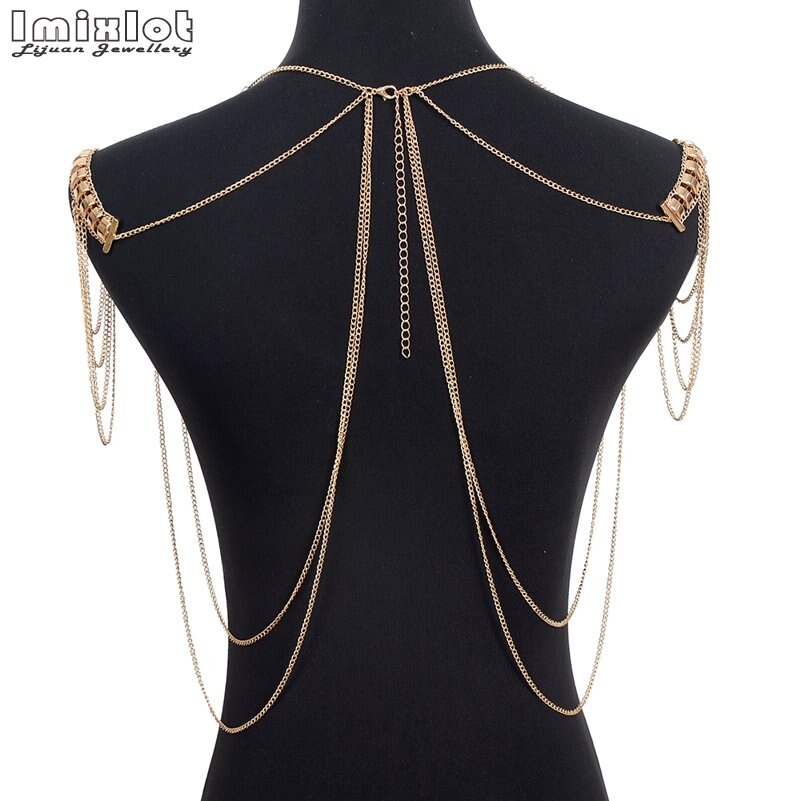 Punk Style Tassel Body Chain Jewelry Gold-color Statement Necklace Women Collar Shoulder Long Chain Necklaces Sexy Body Jewelry
