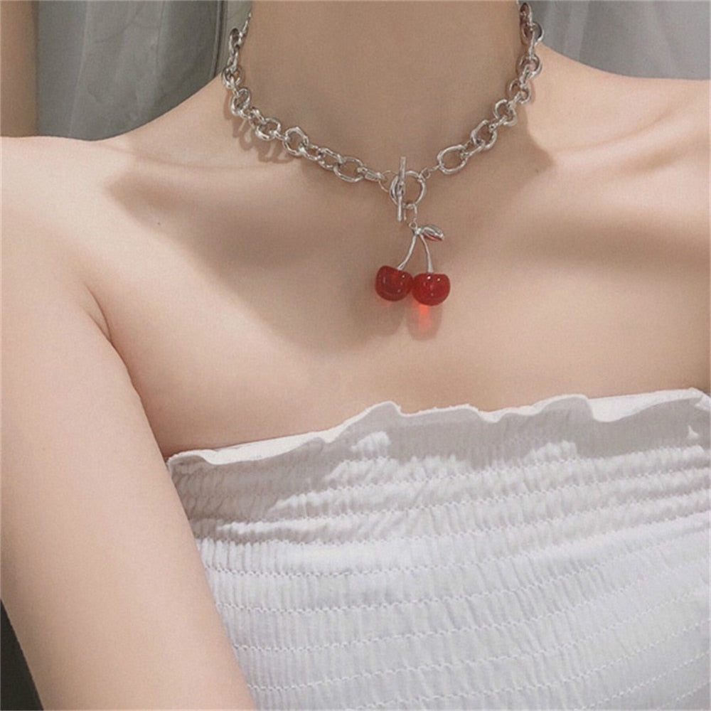 Punk Sweet Cherry Necklace Gothic Silver Color Metal Choker For Women Girls Chain Jewelry