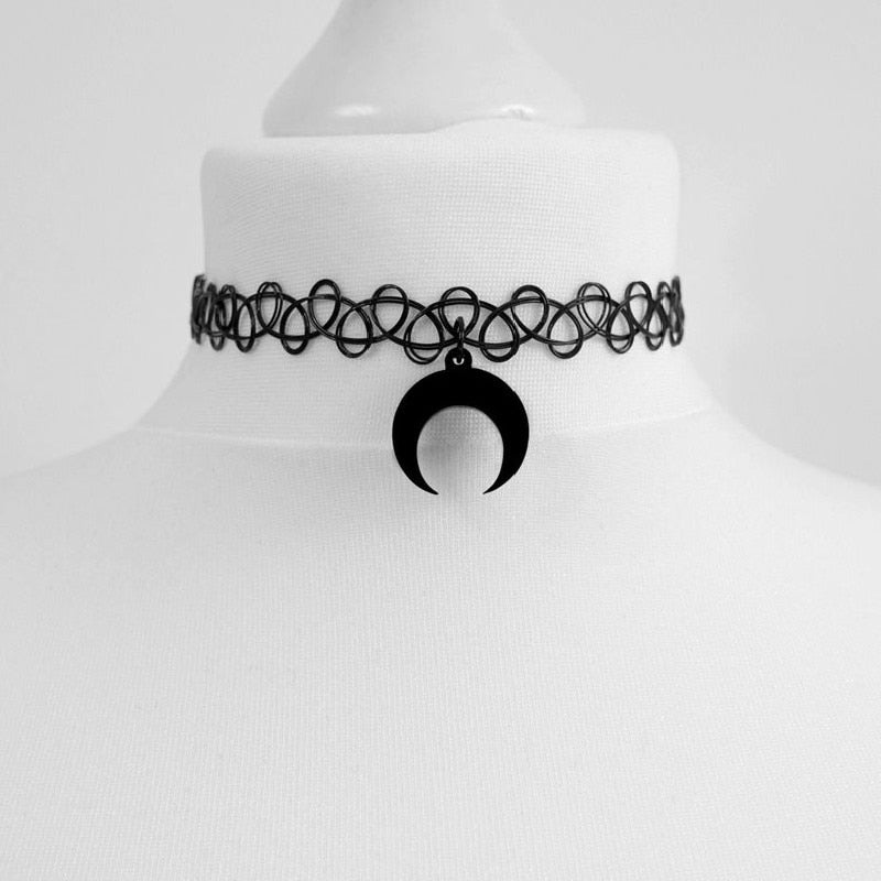 Punk Tattoo Inverted Crescent Stretchy Chain Choker Witch Necklace Jewelry Gorgeous Women Pendant Gift Gothic Statement Goth New