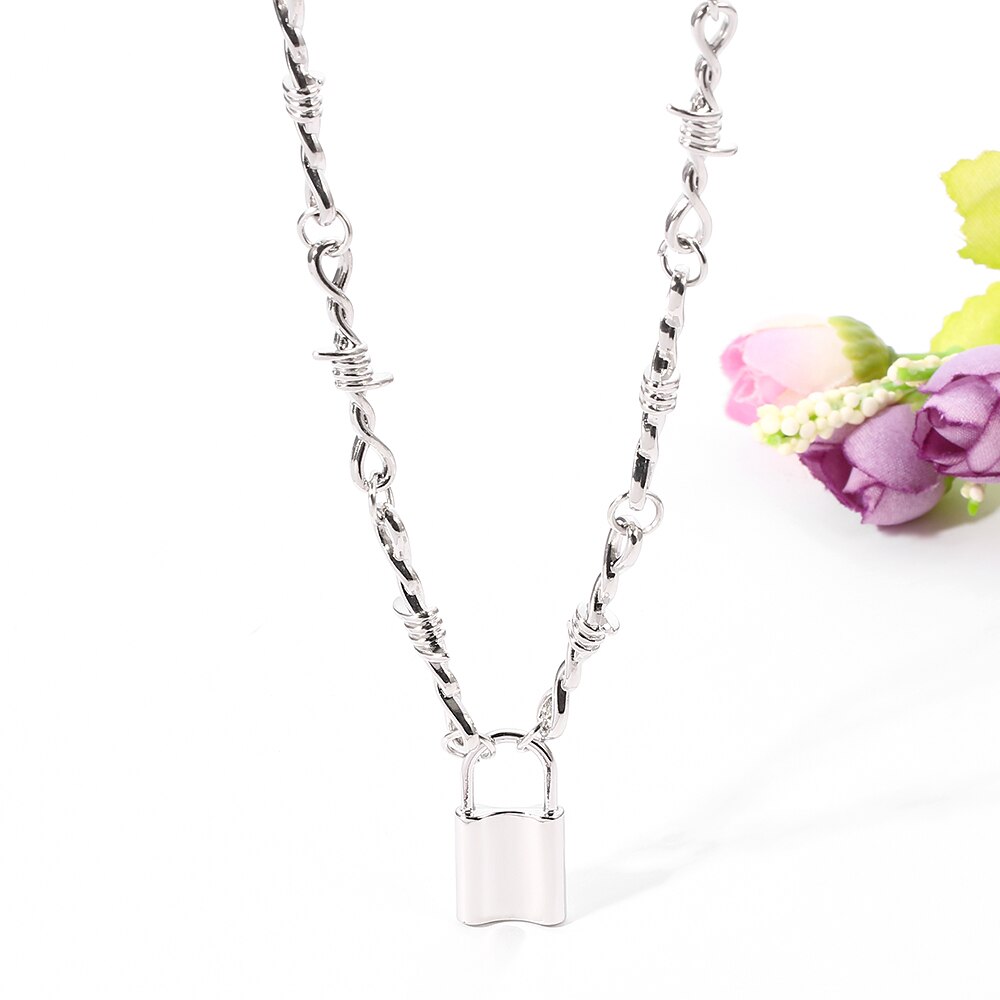 Punk Thorns Iron Unisex PadLock Pendant Necklace Hip Hop Necklaces Streetwear Choker Men Jewelry
