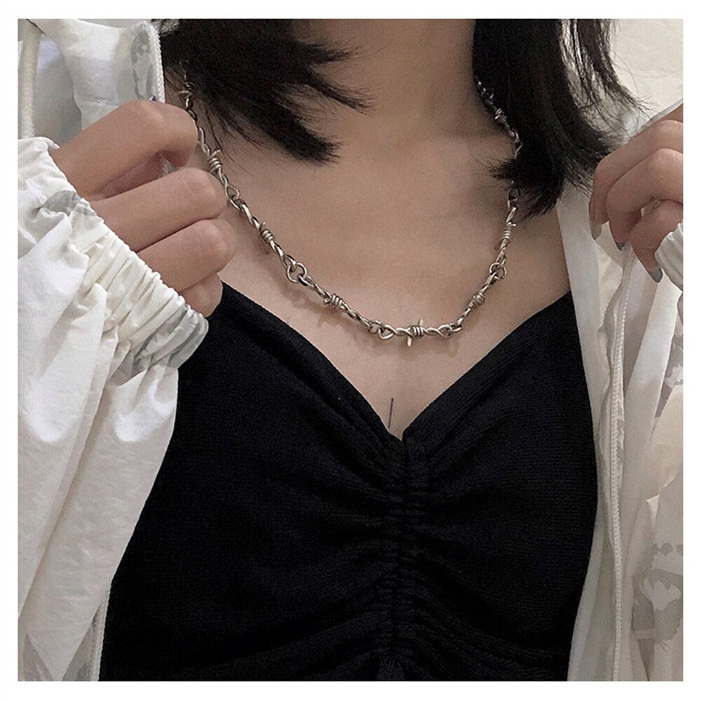 Punk Wire Brambles Choker Necklace For Women Hip Hop Gothic Silver Color Barbed Wire Small Thorns Chain Nexklace Men Gifts B104