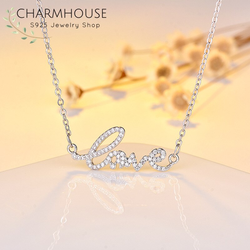 Pure 925 Silver Pendant Necklaces For Women CZ Zircon Crystal Love Letter Necklace Collares Choker Korea Style Jewelry Accesorie