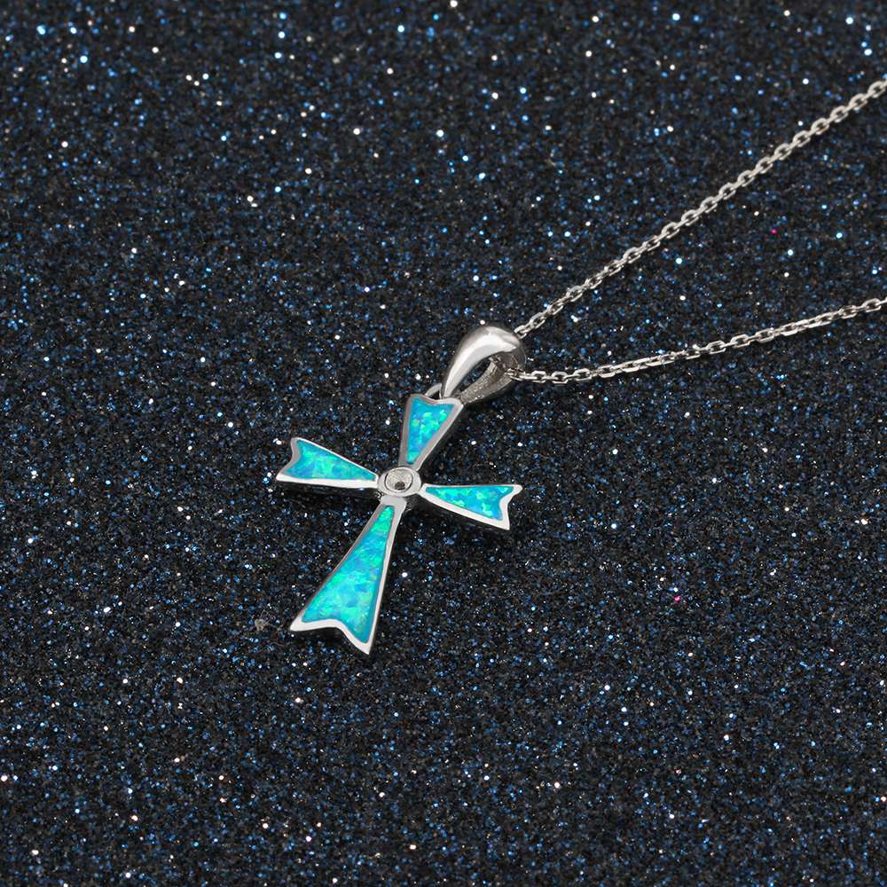 Pure 925 Sterling Silver Floral Cross Statement Necklace & Pendants with Blue Opal Stone Brand Fine Jewelry Gift (Lam Hub Fong)