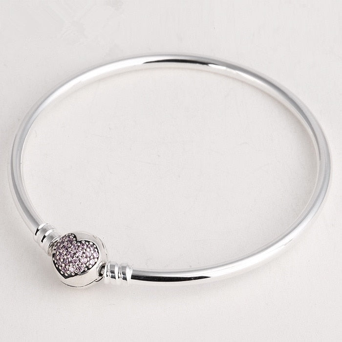 Pure 925 Sterling Silver Jewelry Bracelwes Bangle European fine Bracelet with Clasp Pink Cz Stones For DIY Fine Jewelry Charms