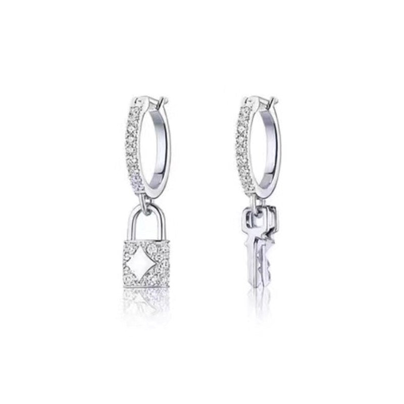 Pure 925 Sterling Silver Jewelry For Women Key Lock Stud Earrings Party Jewelry Asymmetry Design Fashion Lock&Key Party Earrings