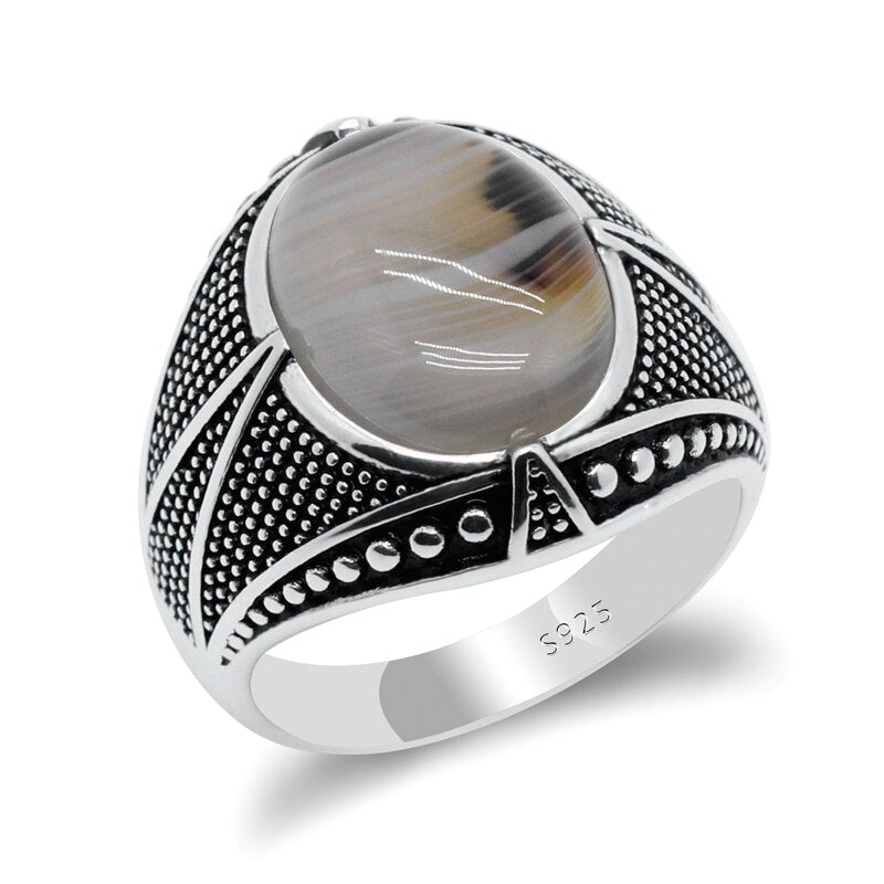 Pure 925 Sterling Silver Mens Ring With Oval Natural Agate Stone Vintage Fine Jewelry to Husband Gift Cool Punk Turkish Rings