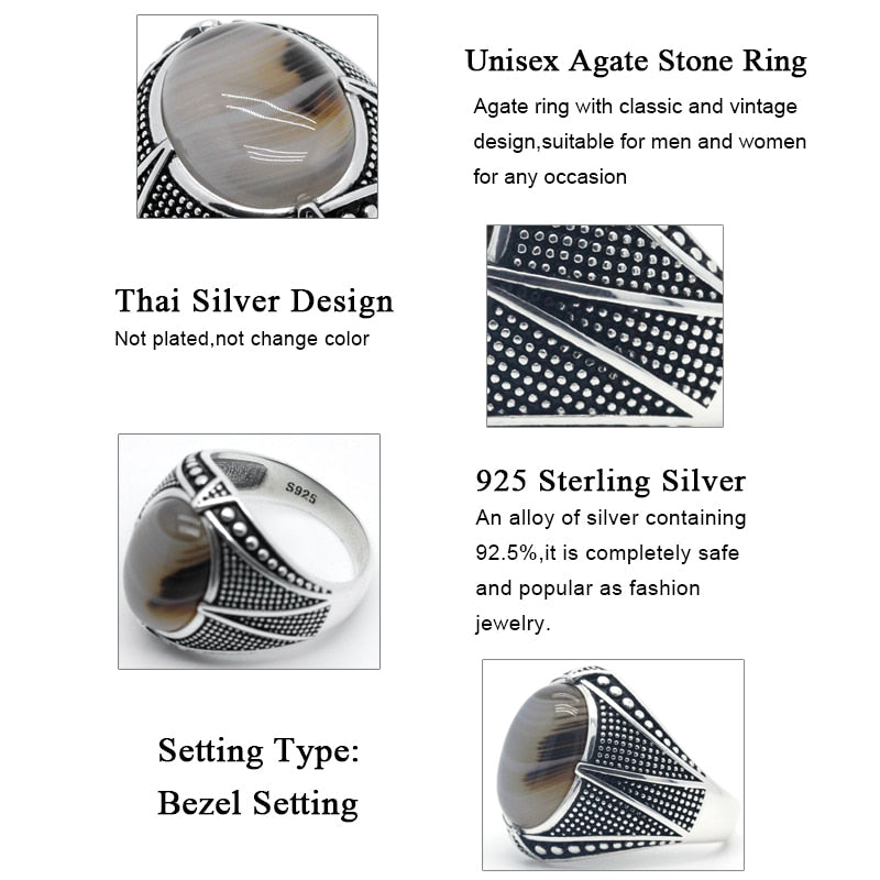 Pure 925 Sterling Silver Mens Ring With Oval Natural Agate Stone Vintage Fine Jewelry to Husband Gift Cool Punk Turkish Rings