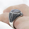 Pure 925 Sterling Silver Mens Ring With Oval Natural Agate Stone Vintage Fine Jewelry to Husband Gift Cool Punk Turkish Rings