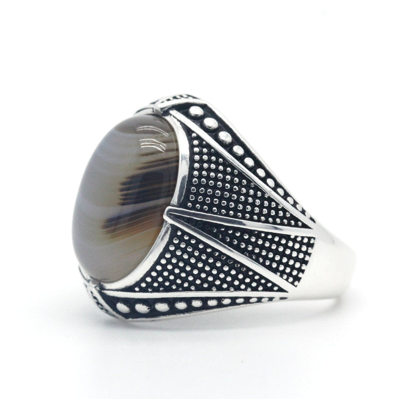 Pure 925 Sterling Silver Mens Ring With Oval Natural Agate Stone Vintage Fine Jewelry to Husband Gift Cool Punk Turkish Rings