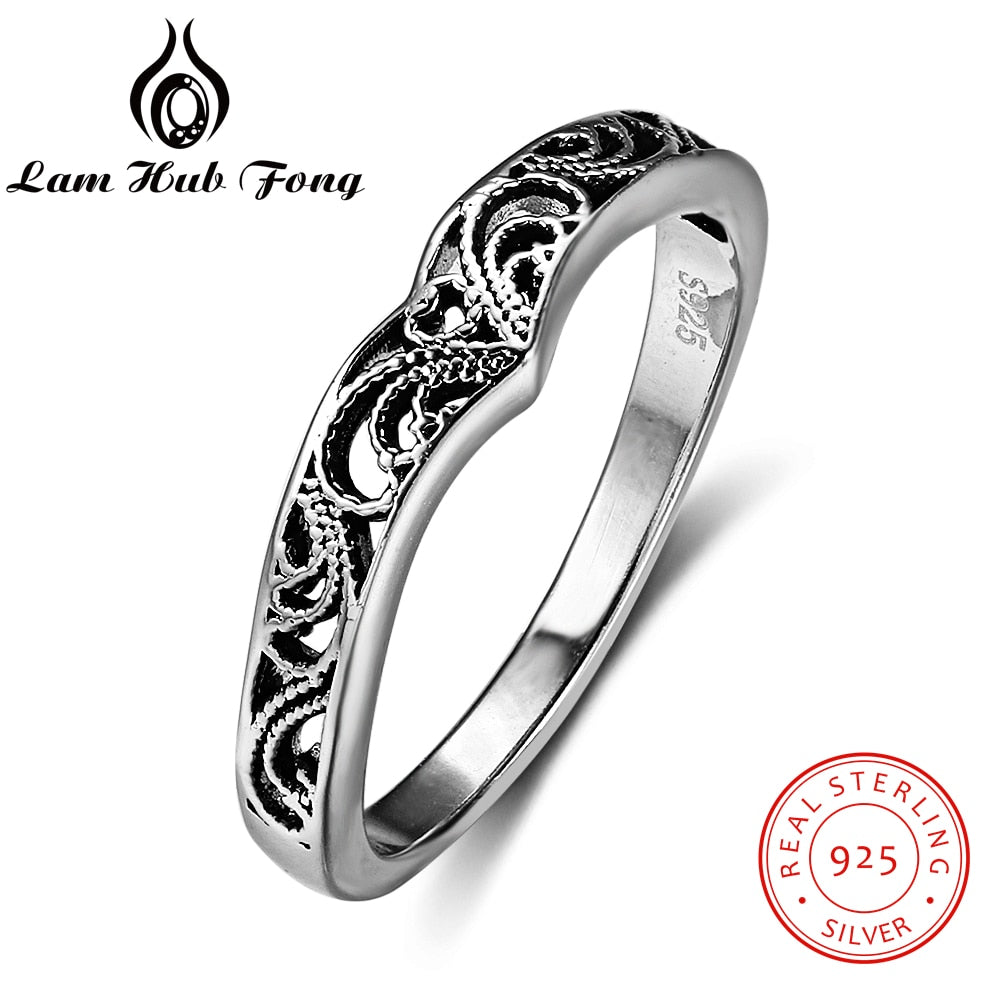 Pure 925 Sterling Silver Rings for Women Men Vintage Style Fashion Victorian Hollow Out Ring Party Gift Decorative pattern