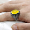Pure 925 Sterling Silver Yellow Agate Ring for Men Natural Gemstone with Black Zircon Punk Rings Turkish Handmade Jewelry Gift